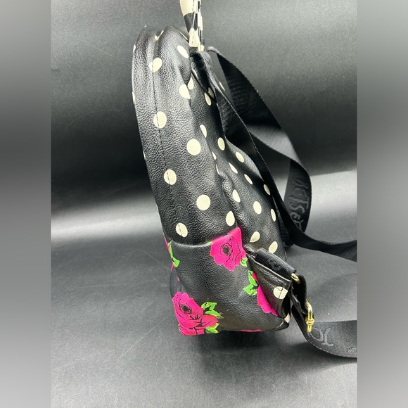 Betsy Johnson Polkadot Roses Leather Mini Backpack Black White Red - Picture 4 of 12